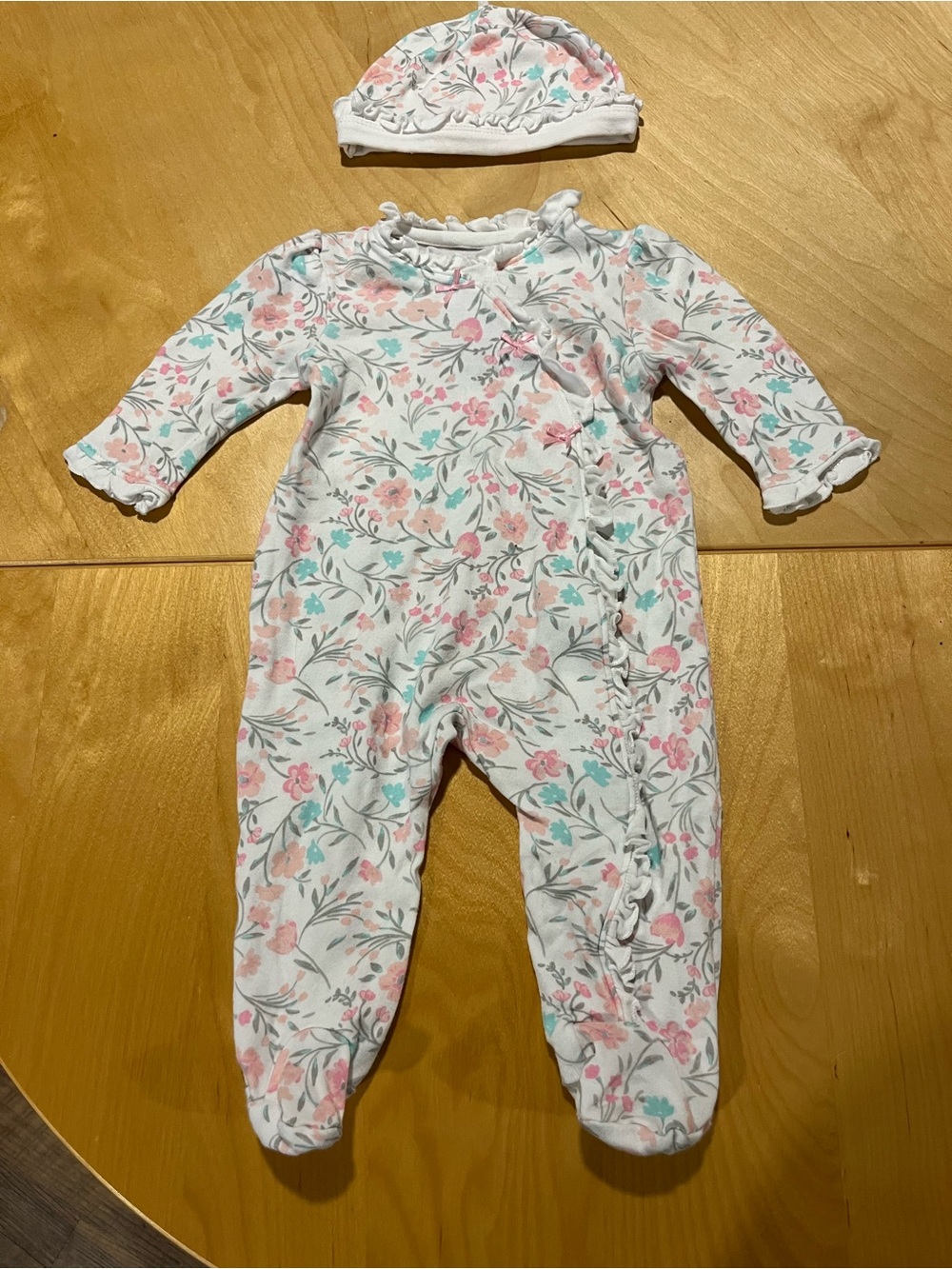 Little Me White Floral Printed Footie with Matching Hat - Pink & Teal